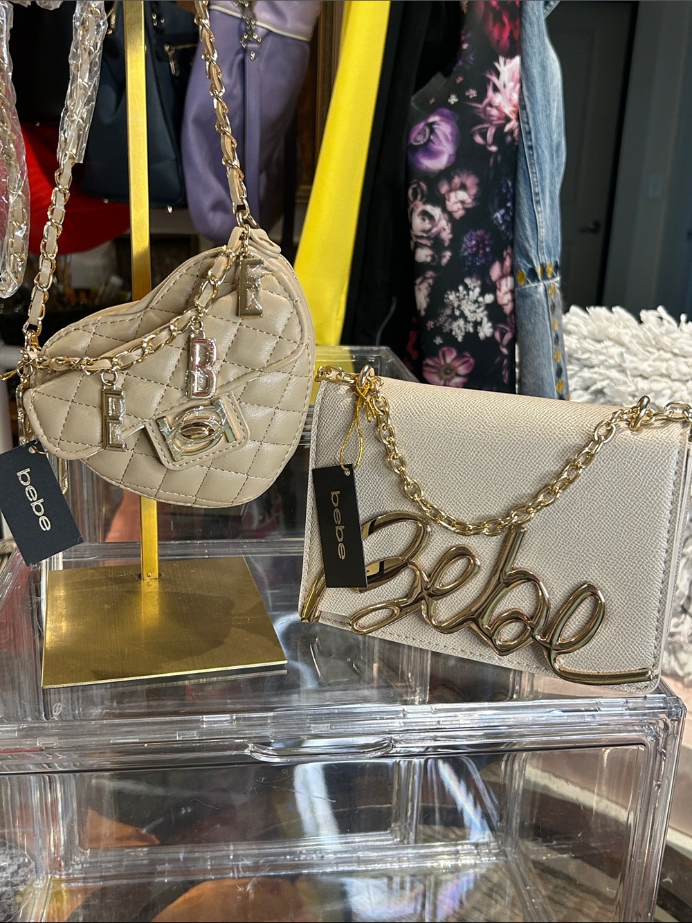 bebe Set of Beige Quilted Heart & Taupe Crossbody’s with Gold Chain straps NWT - Picture 7 of 7